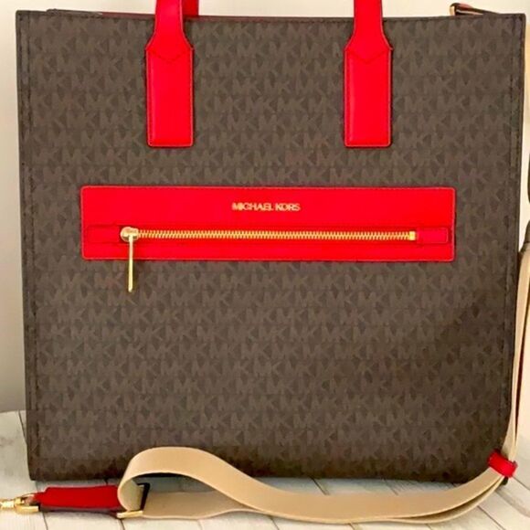 MICHAEL KORS NWT KENLY FLAME RED BROWN SIGNATURE LARGE TOTE CROSSBODY BAG - Picture 4 of 12